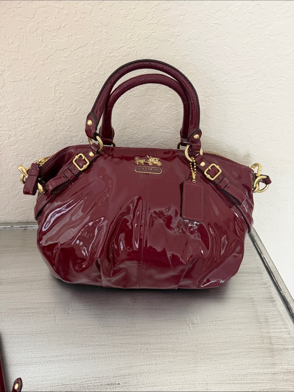 Coach Patent Leather Satchel in Burgundy with Gold Hardware